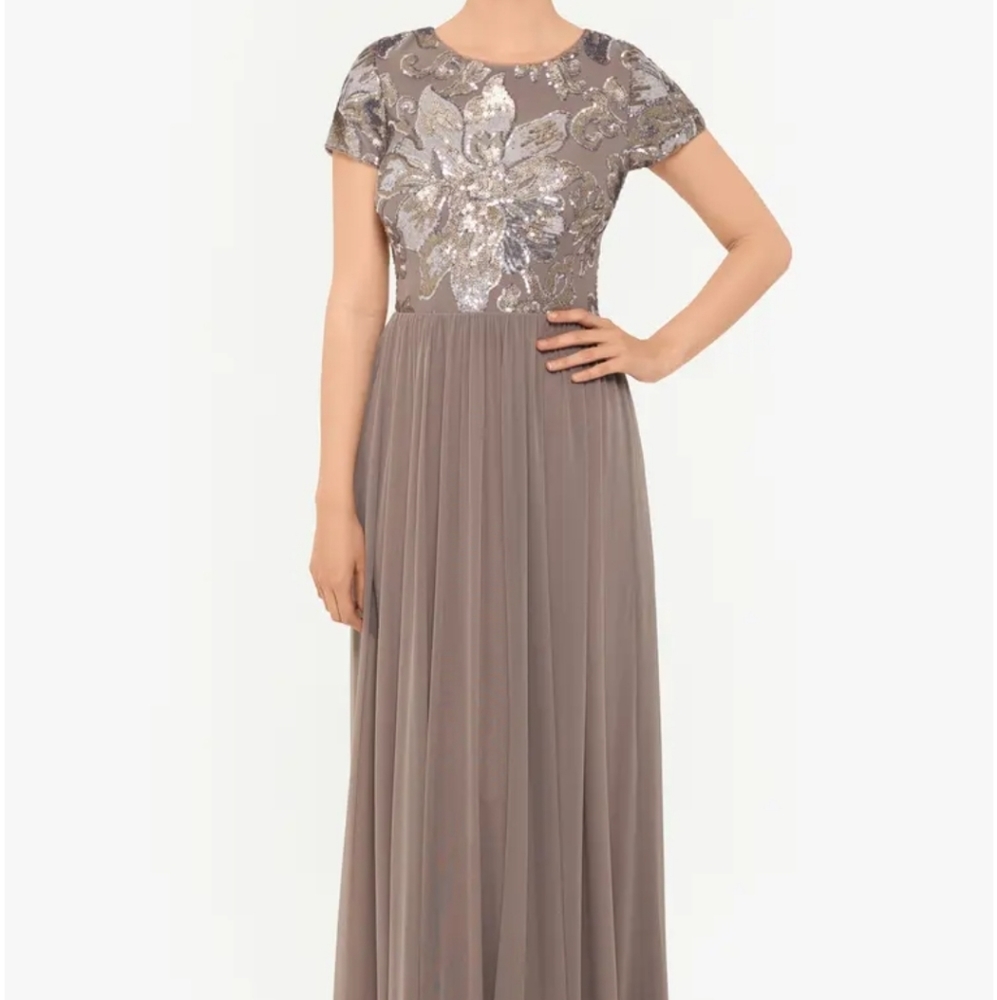 Betsy & Adam Mesh Overlay Sequin Maxi Formal